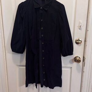 Dark Blue Button-Front Shirt Dress with Puff Sleeves